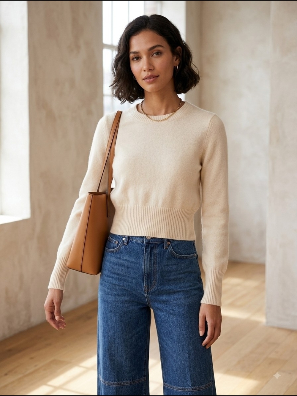 J. Crew Cropped Natural Cream Shrunken Cashmere Crewneck Sweater Small
